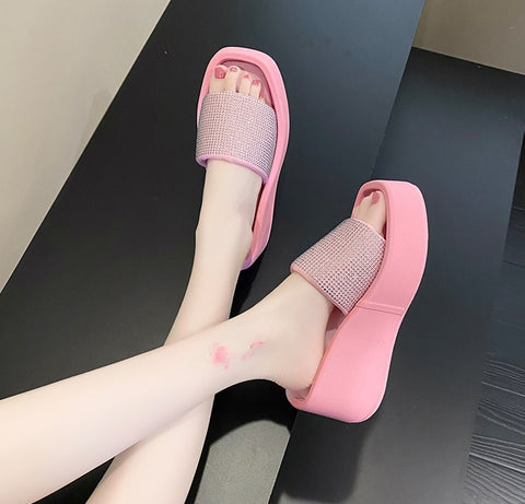 Summer Thick Sole Rhinestone Bright Drill Square Slippers CODE: KAR1627