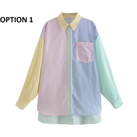 New Fashion Contrast Color Striped Print Breasted Casual Shirts CODE: KAR1632