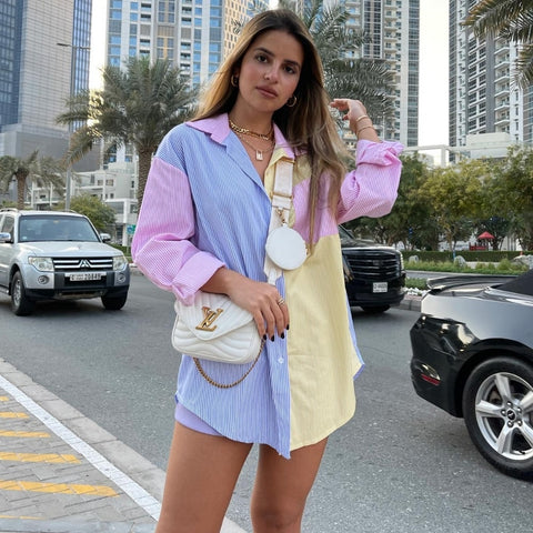New Fashion Contrast Color Striped Print Breasted Casual Shirts CODE: KAR1632