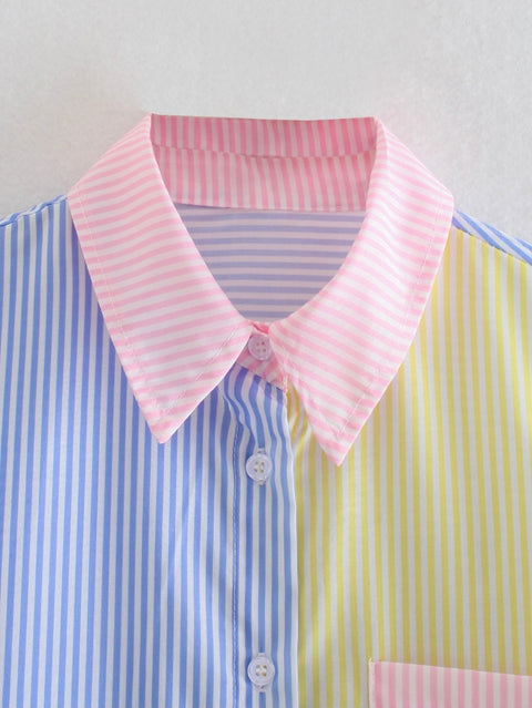 New Fashion Contrast Color Striped Print Breasted Casual Shirts CODE: KAR1632