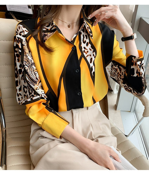 New Style Versatile Color Contrast Printing Leopard Long Sleeve Blouse CODE: KAR1638