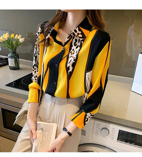 New Style Versatile Color Contrast Printing Leopard Long Sleeve Blouse CODE: KAR1638