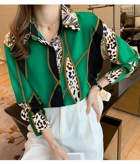 New Style Versatile Color Contrast Printing Leopard Long Sleeve Blouse CODE: KAR1638