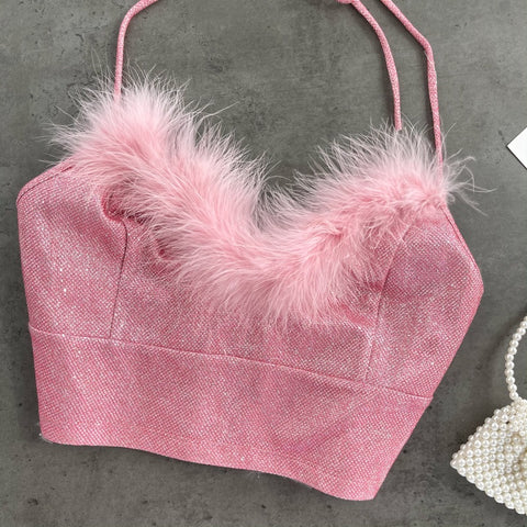 Faux Fur Collar Furry V Neck Halter Hollow Backless Zip Up Pink Sexy Bodycon Crop Top CODE: KAR1639