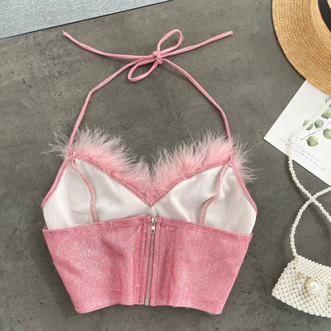 Faux Fur Collar Furry V Neck Halter Hollow Backless Zip Up Pink Sexy Bodycon Crop Top CODE: KAR1639