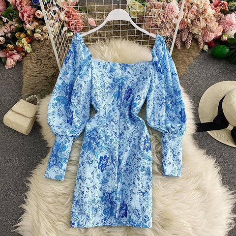 New Blue and White Porcelain Print Square Collar Sexy Lantern Sleeve Slim Tube Dress CODE: KAR1641
