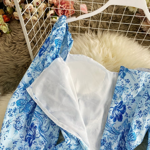 New Blue and White Porcelain Print Square Collar Sexy Lantern Sleeve Slim Tube Dress CODE: KAR1641