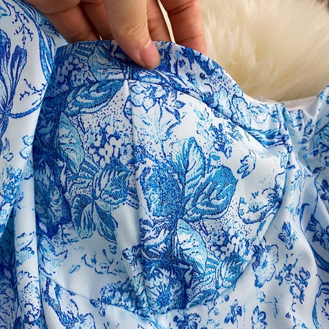 New Blue and White Porcelain Print Square Collar Sexy Lantern Sleeve Slim Tube Dress CODE: KAR1641