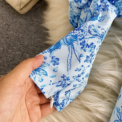 New Blue and White Porcelain Print Square Collar Sexy Lantern Sleeve Slim Tube Dress CODE: KAR1641