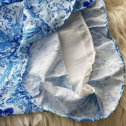 New Blue and White Porcelain Print Square Collar Sexy Lantern Sleeve Slim Tube Dress CODE: KAR1641