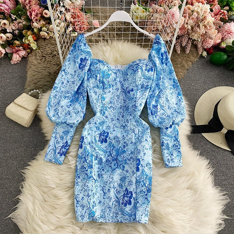 New Blue and White Porcelain Print Square Collar Sexy Lantern Sleeve Slim Tube Dress CODE: KAR1641