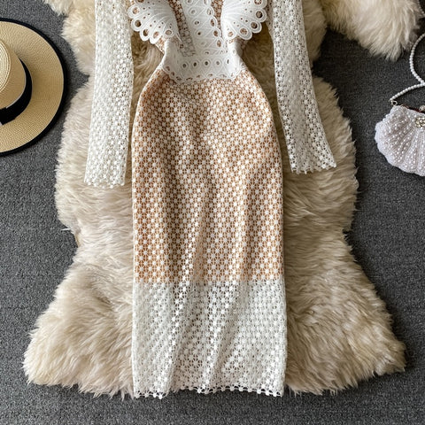 Autumn  Fashion Long Sleeve Lace Ruffles Elegant Party Slim Pencil Midi Bodycon Dress CODE: KAR1645