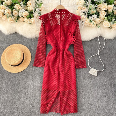 Autumn  Fashion Long Sleeve Lace Ruffles Elegant Party Slim Pencil Midi Bodycon Dress CODE: KAR1645