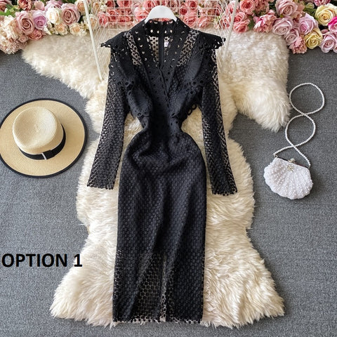 Autumn  Fashion Long Sleeve Lace Ruffles Elegant Party Slim Pencil Midi Bodycon Dress CODE: KAR1645