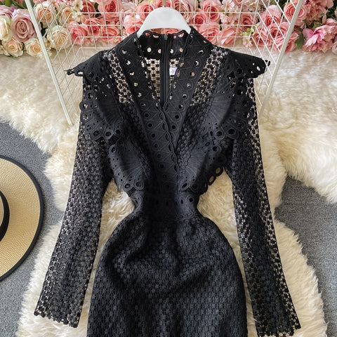 Autumn  Fashion Long Sleeve Lace Ruffles Elegant Party Slim Pencil Midi Bodycon Dress CODE: KAR1645