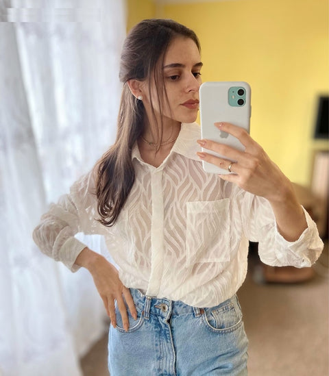 New Transparent Elegant Lapel Long Sleeve Button Single-Breasted White Top CODE: KAR1646