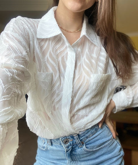 New Transparent Elegant Lapel Long Sleeve Button Single-Breasted White Top CODE: KAR1646