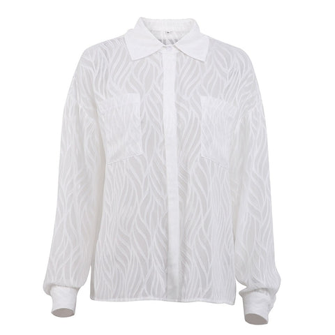 New Transparent Elegant Lapel Long Sleeve Button Single-Breasted White Top CODE: KAR1646