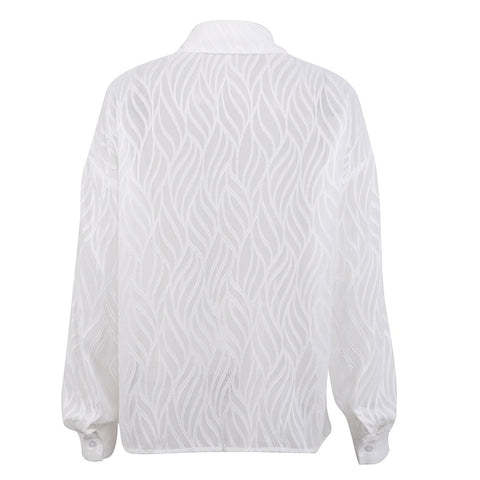 New Transparent Elegant Lapel Long Sleeve Button Single-Breasted White Top CODE: KAR1646