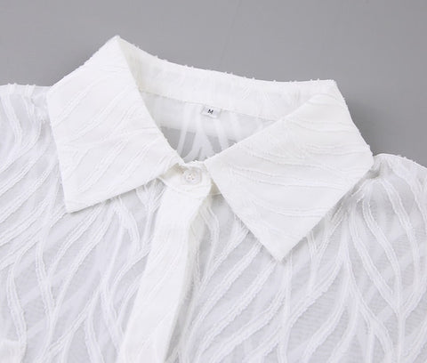 New Transparent Elegant Lapel Long Sleeve Button Single-Breasted White Top CODE: KAR1646