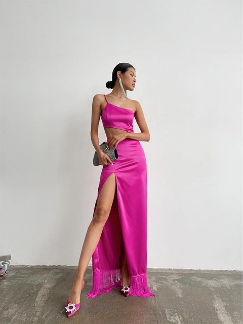 Summer Elegant Tassels Sexy Off Shoulder Hollow Out High Split Maxi Long Dress CODE: KAR1648