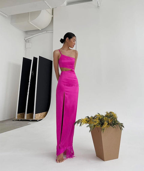 Summer Elegant Tassels Sexy Off Shoulder Hollow Out High Split Maxi Long Dress CODE: KAR1648