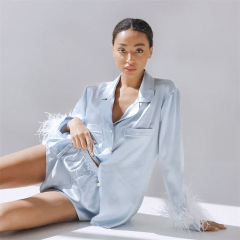 New Summer Fashion Collar Ice Silk Feather Sleeve Long Sleeve Suit Short Two Piece Set  CODE: KAR1650