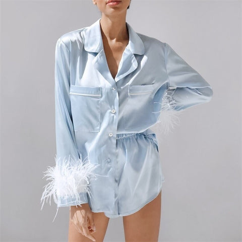 New Summer Fashion Collar Ice Silk Feather Sleeve Long Sleeve Suit Short Two Piece Set  CODE: KAR1650