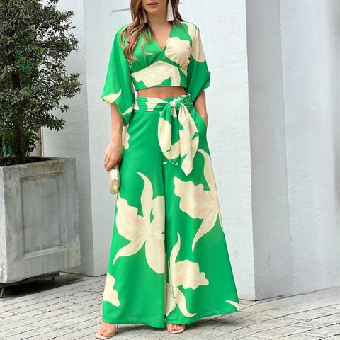 Sexy Elegant Lace-up V Neck Crop Top &  High Waist Wide Leg Pant Casual Loose Set CODE: KAR1651