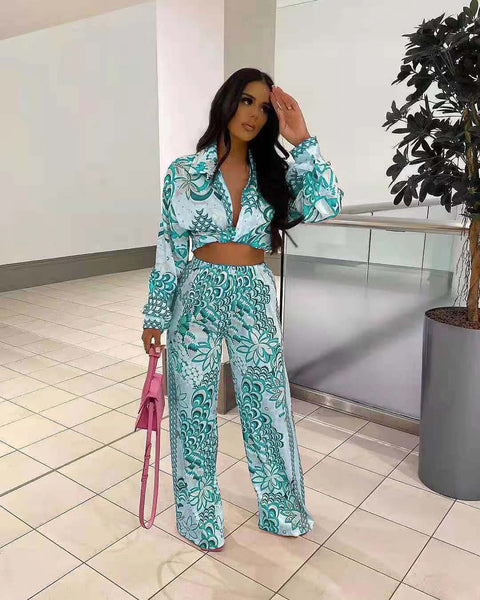 ChocoMist Mixed Print Wide Leg Pant Two Piece Set CODE: KAR1653