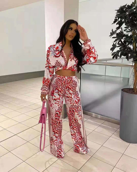 ChocoMist Mixed Print Wide Leg Pant Two Piece Set CODE: KAR1653