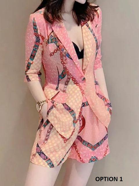 New Summer Fashion Temperament Print Small Suit One Button Short 2 Piece Set CODE: KAR1657