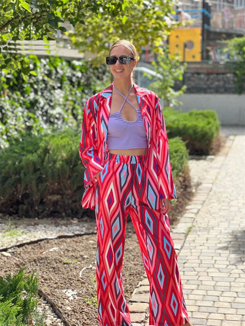 New Diamond Print Fashion V Neck Casual Blazer Wide Leg Long Pant Loose Set CODE: KAR1659