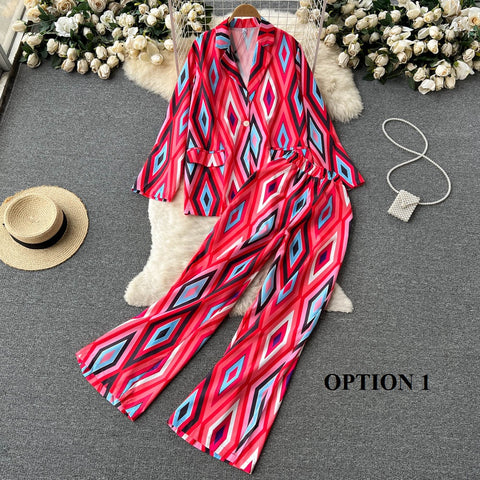 New Diamond Print Fashion V Neck Casual Blazer Wide Leg Long Pant Loose Set CODE: KAR1659