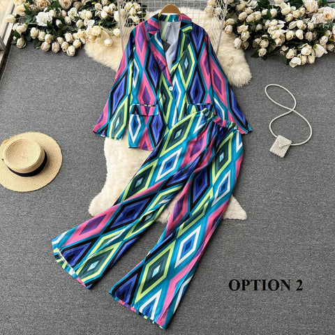 New Diamond Print Fashion V Neck Casual Blazer Wide Leg Long Pant Loose Set CODE: KAR1659