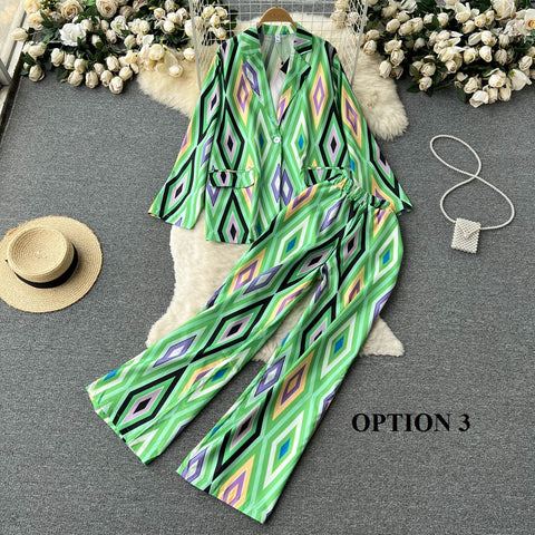 New Diamond Print Fashion V Neck Casual Blazer Wide Leg Long Pant Loose Set CODE: KAR1659