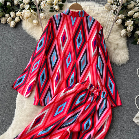 New Diamond Print Fashion V Neck Casual Blazer Wide Leg Long Pant Loose Set CODE: KAR1659