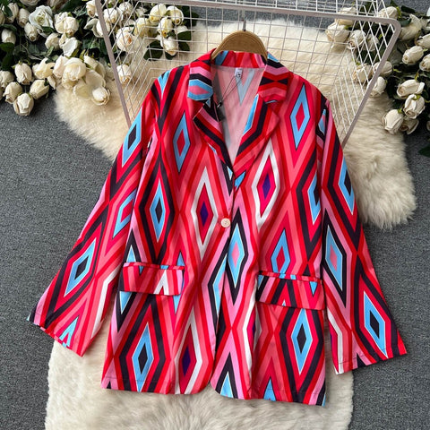 New Diamond Print Fashion V Neck Casual Blazer Wide Leg Long Pant Loose Set CODE: KAR1659