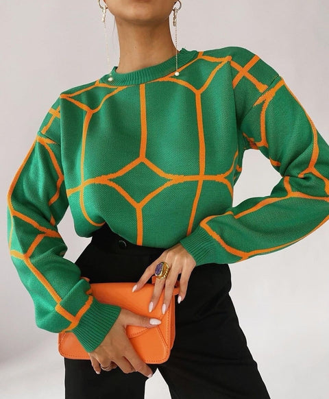 Winter New Long Sleeve O-Neck Line Pattern Knitted Loose Sweater CODE: KAR1663