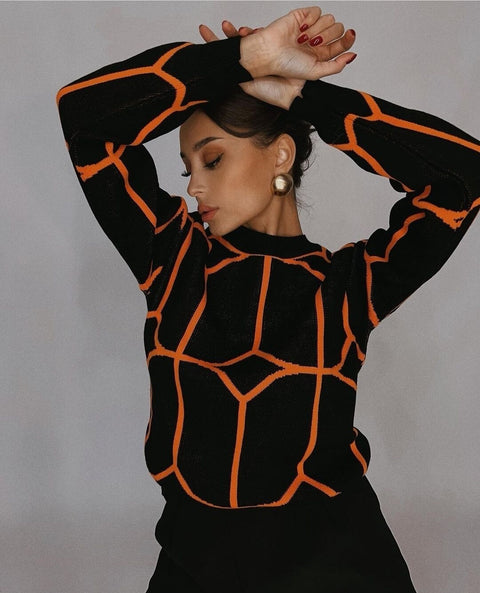 Winter New Long Sleeve O-Neck Line Pattern Knitted Loose Sweater CODE: KAR1663