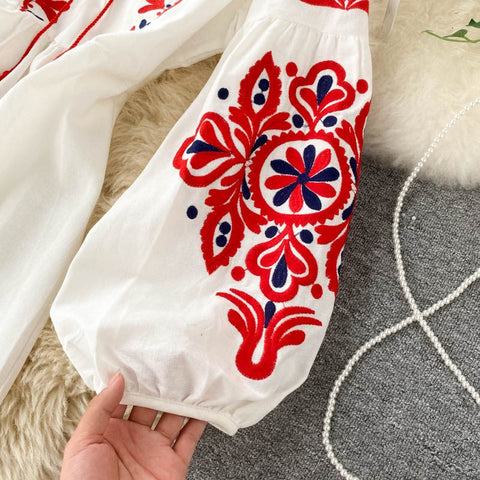 Autumn Bohemian Embroidered Flower O-Neck Lantern Sleeve High Waist Pleated Dress CODE: KAR1672
