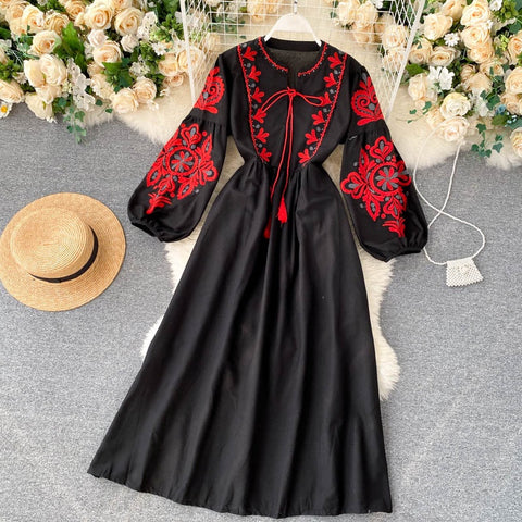 Autumn Bohemian Embroidered Flower O-Neck Lantern Sleeve High Waist Pleated Dress CODE: KAR1672