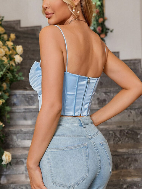 Summer Sleeveless Cut out Pads Silky Spaghetti Strap Zip Bodycon Satin Fashion Sexy Corset Top  CODE: KAR1676