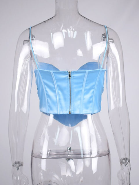 Summer Sleeveless Cut out Pads Silky Spaghetti Strap Zip Bodycon Satin Fashion Sexy Corset Top  CODE: KAR1676