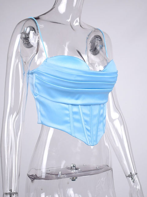Summer Sleeveless Cut out Pads Silky Spaghetti Strap Zip Bodycon Satin Fashion Sexy Corset Top  CODE: KAR1676