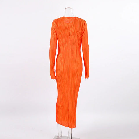 Autumn Winter Solid Maxi Pleated Elegant Long Sleeve Slim Fit Bodycon Club Pencil Dress CODE: KAR1685