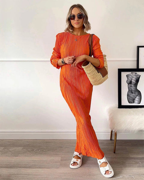 Autumn Winter Solid Maxi Pleated Elegant Long Sleeve Slim Fit Bodycon Club Pencil Dress CODE: KAR1685