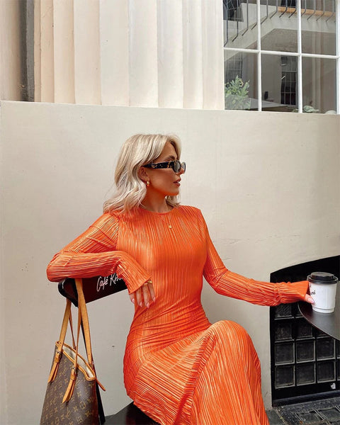 Autumn Winter Solid Maxi Pleated Elegant Long Sleeve Slim Fit Bodycon Club Pencil Dress CODE: KAR1685