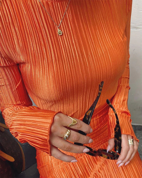 Autumn Winter Solid Maxi Pleated Elegant Long Sleeve Slim Fit Bodycon Club Pencil Dress CODE: KAR1685