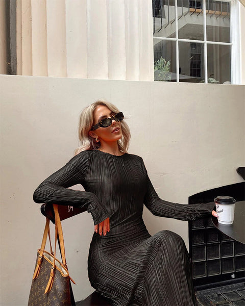 Autumn Winter Solid Maxi Pleated Elegant Long Sleeve Slim Fit Bodycon Club Pencil Dress CODE: KAR1685